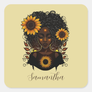 Sunflower Queen Afro Woman Square Sticker