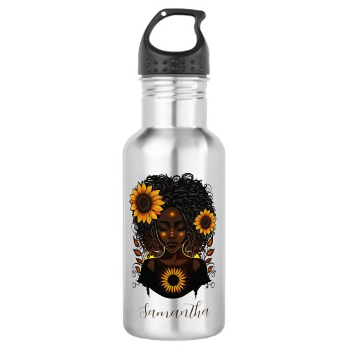 Sunflower Queen Afro Woman Stainless Steel Water Bottle