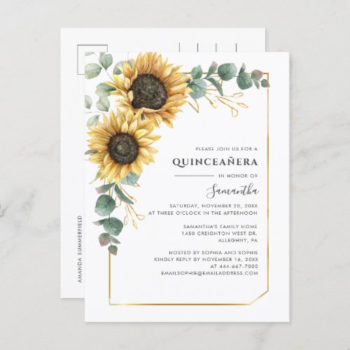 Sunflower Quinceanera Greenery 15th Birthday Party Invitation Postcard