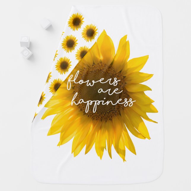 Sunflower quote "flowers are happiness" baby blanket (In Situ)