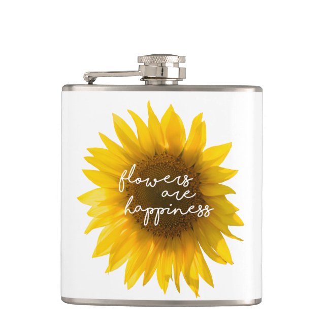 Sunflower quote "flowers are happiness" flask (Front)