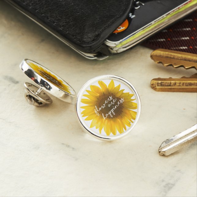 Sunflower quote "flowers are happiness" lapel pin (In Situ)