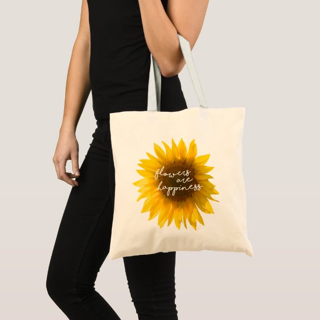 Sunflower quote "flowers are happiness" tote bag (Front (Product))