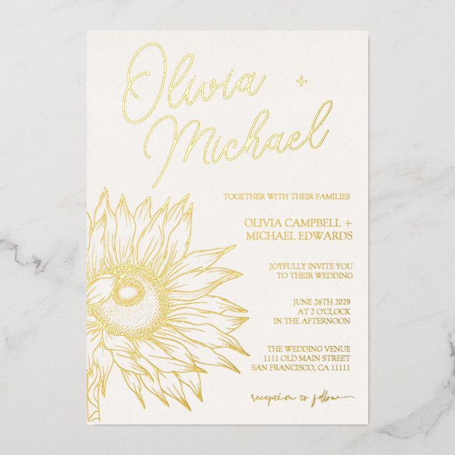 Sunflower Real Gold Foil Minimalist Wedding Gold Invitation (Front)