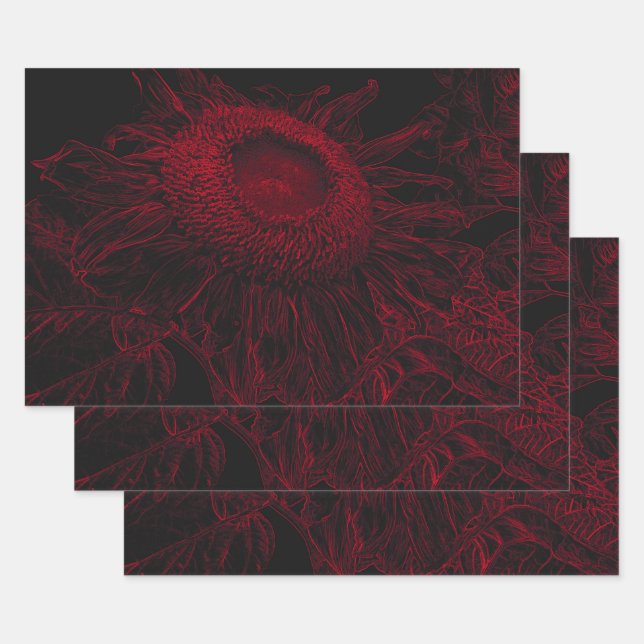 Sunflower Red Black Floral Art Decoupage Wrapping Paper Sheets (Set)