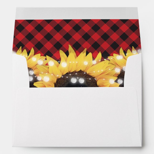 Sunflower Red Buffalo Plaid Wedding Envelope (Back (Bottom))