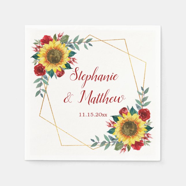 Sunflower Red Floral Geometric Wedding Napkins (Front)