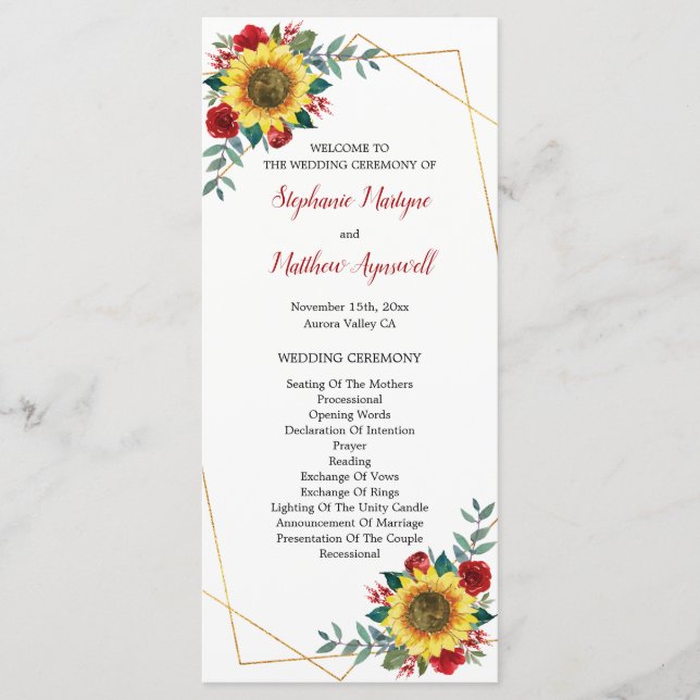 Sunflower Red Floral Geometric Wedding Program (Front)