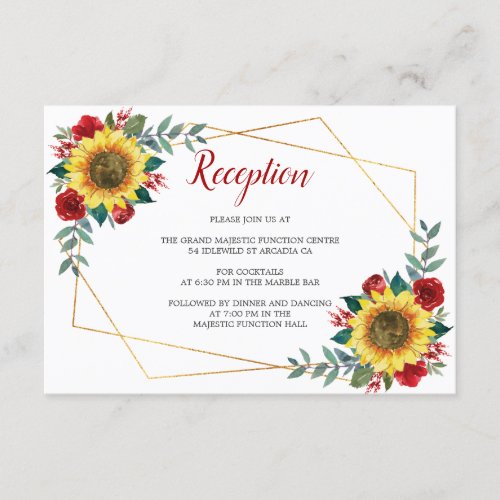 Sunflower Red Floral Geometric Wedding Reception Enclosure Card