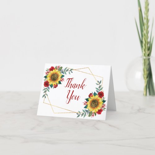 Sunflower Red Floral Geometric Wedding Thank You Card