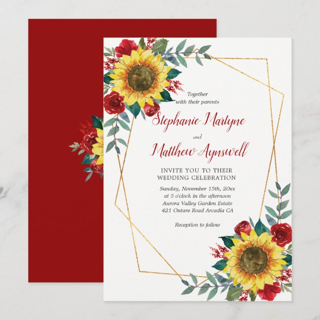 Sunflower Red Floral Modern Geometrical Wedding Invitation (Front/Back)