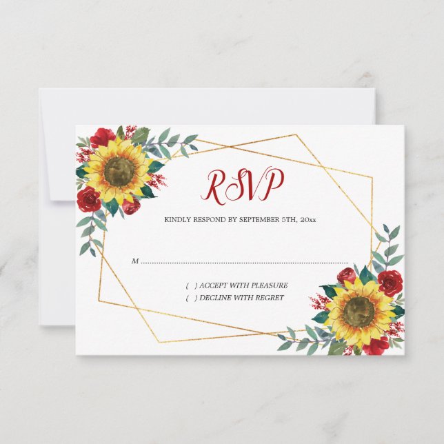 Sunflower Red Floral Watercolor Geometric Wedding RSVP Card (Front)