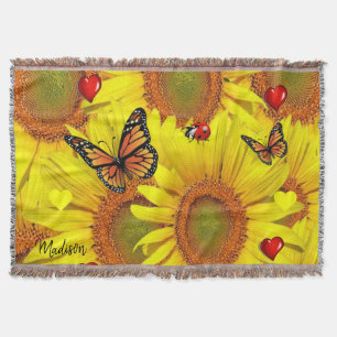 Sunflower Red Hearts Butterfly Throw Blanket