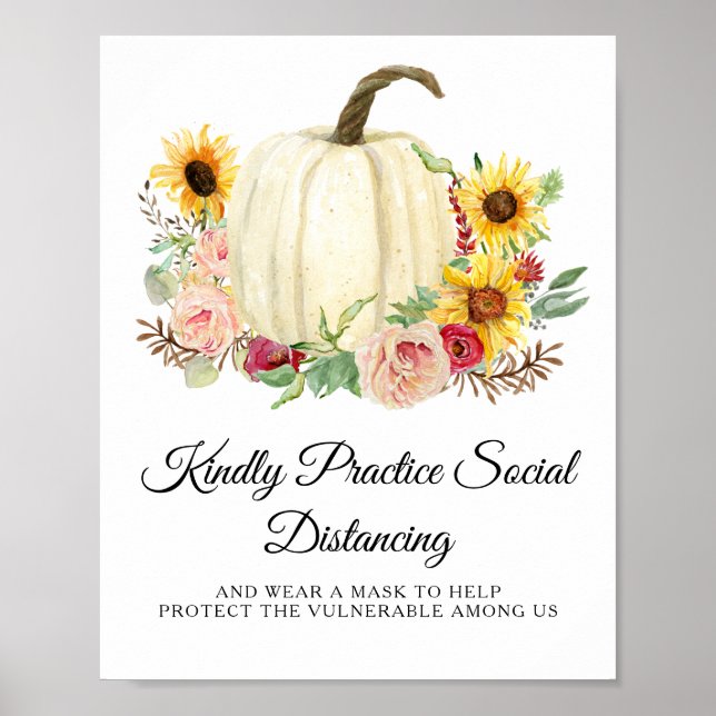 Sunflower Red Pink Floral Pumpkin Social Distance Poster (Front)