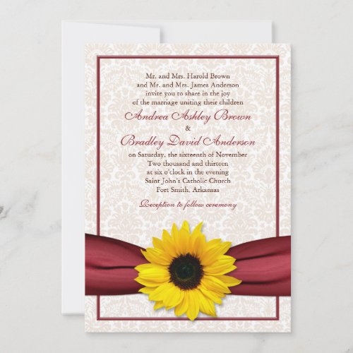 Sunflower Red Ribbon Damask Wedding Invitation