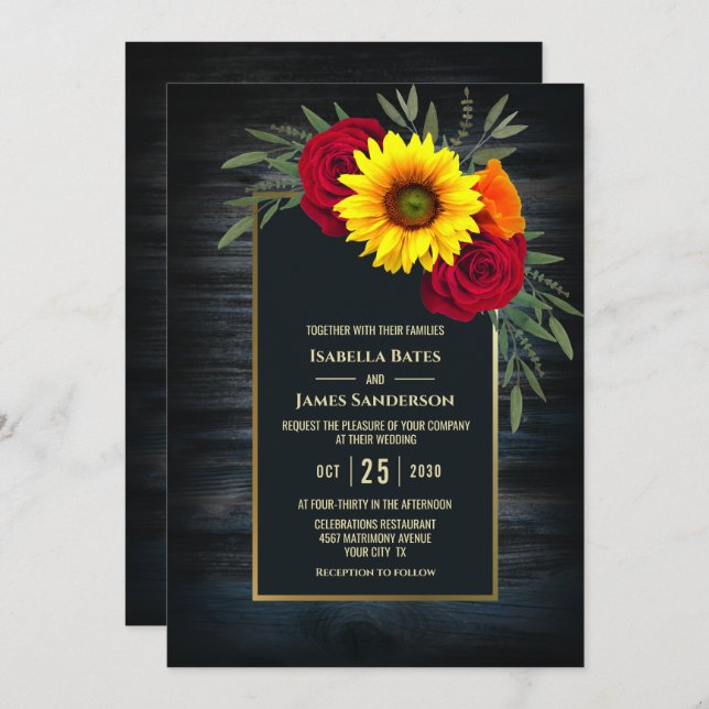 Sunflower Red Rose Barnwood Wedding Invitation (Front/Back)
