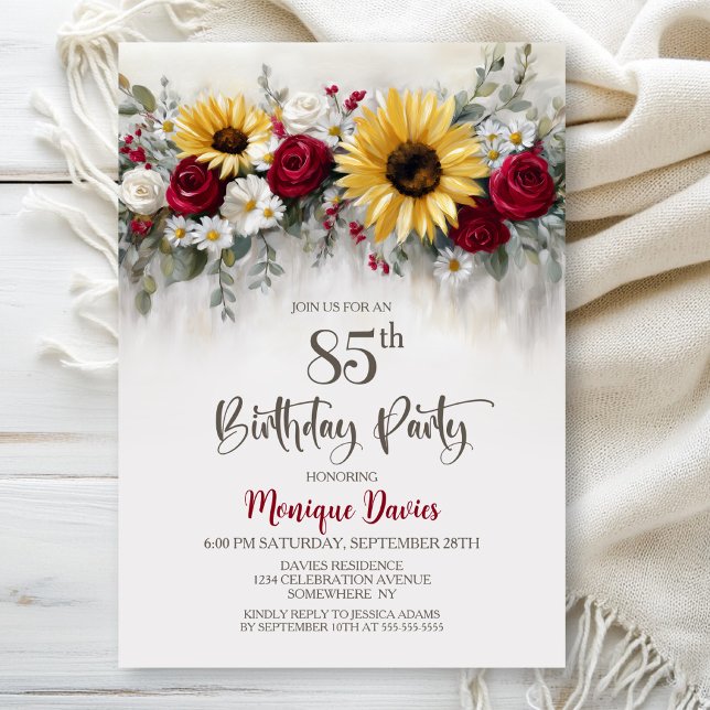 Sunflower Red Rose Floral 85th Birthday Party Invitation (Creator Uploaded)