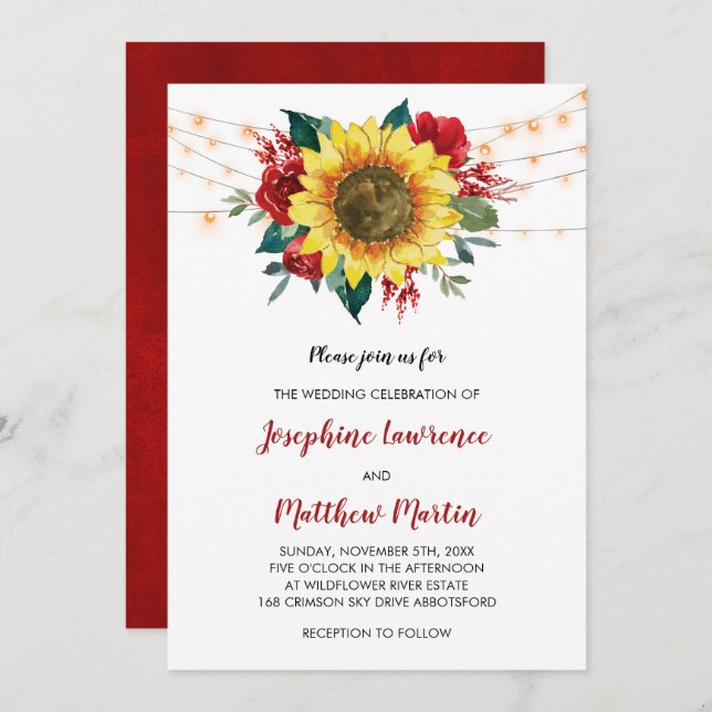 Sunflower Red Rose Floral Lights Wedding Invitation (Front/Back)