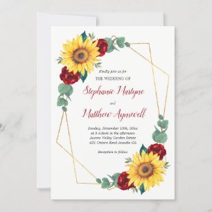 Sunflower Red Rose Geometric Floral Wedding Invitation