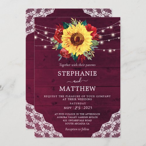Sunflower Red Rose Lace Burgundy Wood Wedding Invitation