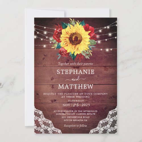 Sunflower Red Rose Lace Wood Fall Wedding Invitation