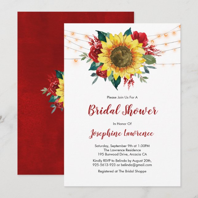 Sunflower Red Rose Lights Bridal Shower Invitation (Front/Back)