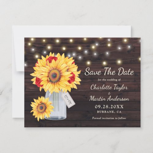 Sunflower Red Rose Mason Jar Wedding Save The Date Announcement