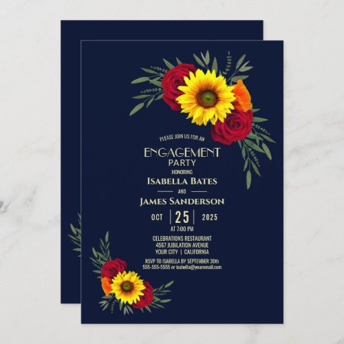 Sunflower Red Rose Navy Blue Engagement Party Invitation