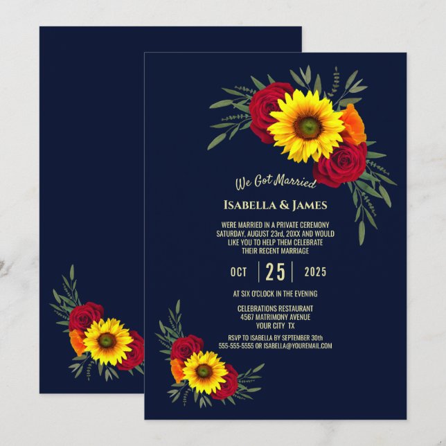 Sunflower Red Rose Navy Blue Wedding Reception Invitation (Front/Back)