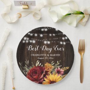 Sunflower Red Rose Rustic Country Wood Wedding Paper Plates