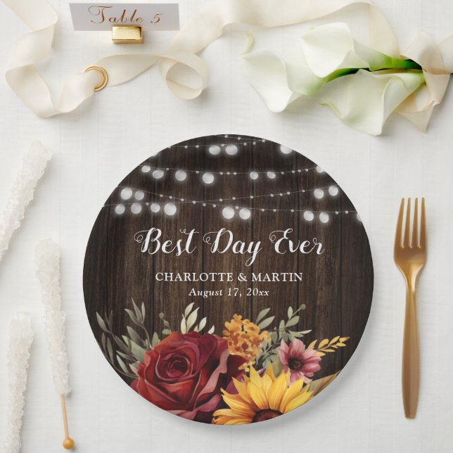Sunflower Red Rose Rustic Country Wood Wedding Paper Plates (Wedding)