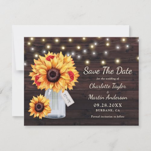 Sunflower Red Rose Rustic Wood Wedding Announcement