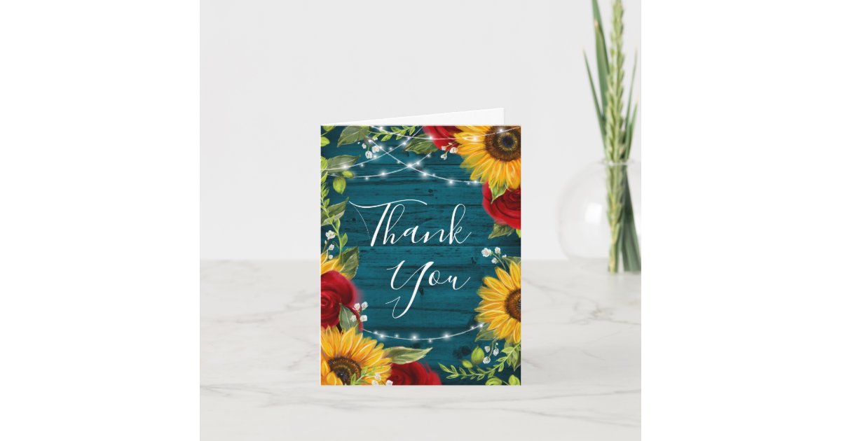 Sunflower Red Rose Teal Rustic Wood Folded Wedding Thank You Card | Zazzle