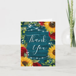 Sunflower Red Rose Teal Rustic Wood Folded Wedding Thank You Card