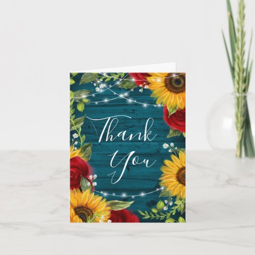 Sunflower Red Rose Teal Rustic Wood Folded Wedding Thank You Card