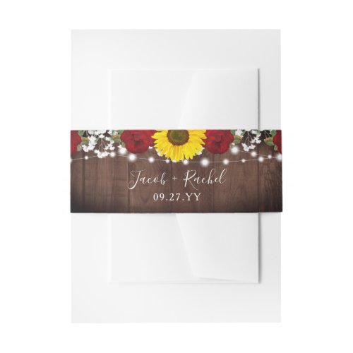 Sunflower Red Roses Mason Jar Lights Wedding Invitation Belly Band