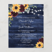 Sunflower Red Roses Navy Budget Wedding Invitation