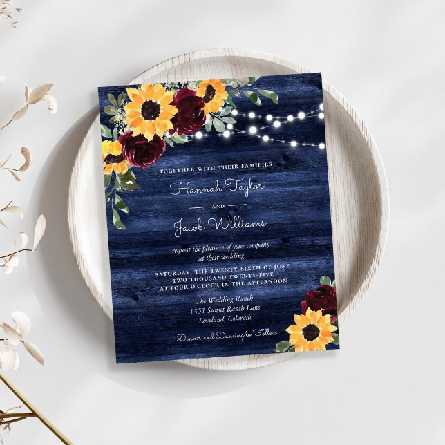 Sunflower Red Roses Navy Budget Wedding Invitation (Creator Uploaded)