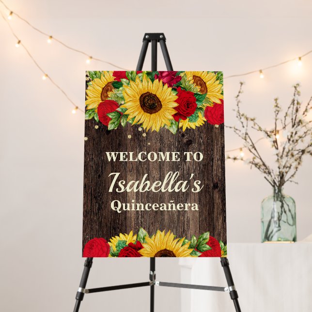 Sunflower Red Roses Quinceañera Welcome Foam Board (In Situ (Stand))
