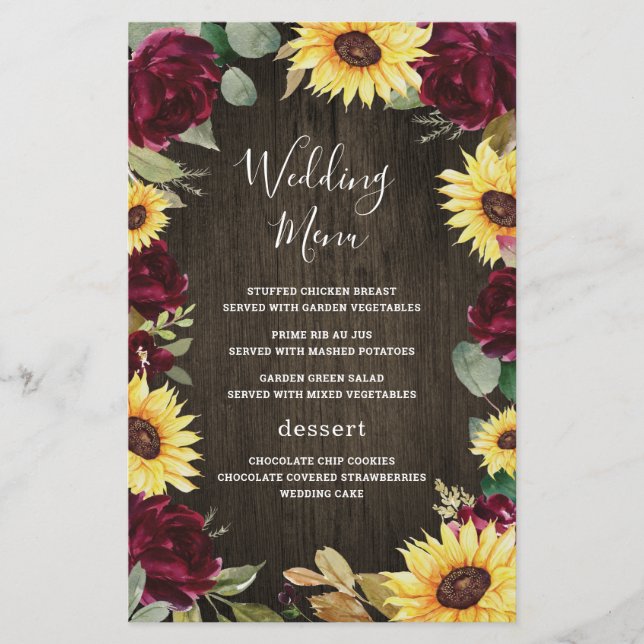 Sunflower Red Roses Rustic Wood Wedding Menu Cards (Front)