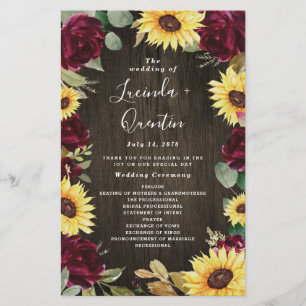 Sunflower Red Roses Rustic Wood Wedding Programs