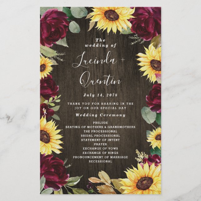 Sunflower Red Roses Rustic Wood Wedding Programs (Front)
