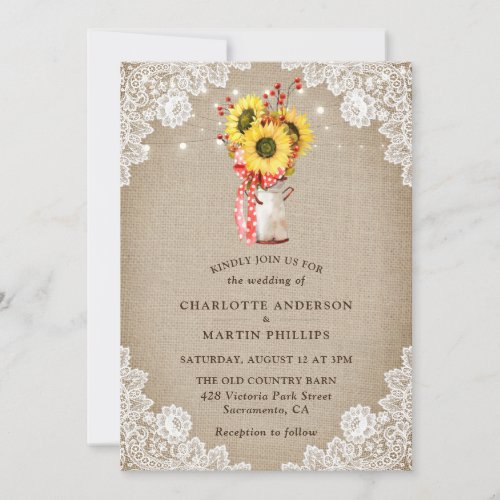 Sunflower Red Rustic Burlap and Lace Fall Wedding Invitation