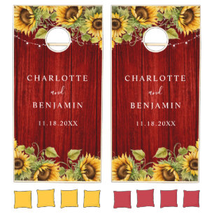 Sunflower Red Rustic Wood Floral Wedding Cornhole Set