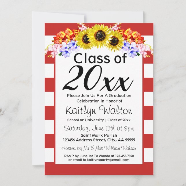 Sunflower Red Stripe Graduation Party Invitation (Front)
