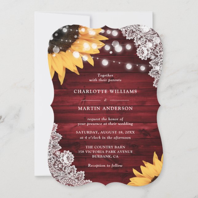 Sunflower Red Wood Floral Lace Wedding Invitation (Front)