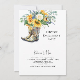 Sunflower Redneck Boots White Engagement Party Invitation