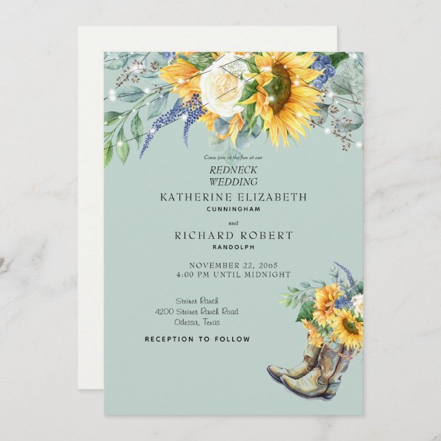 Sunflower Redneck Wedding Cowboy Boots Lights Invitation (Front/Back)