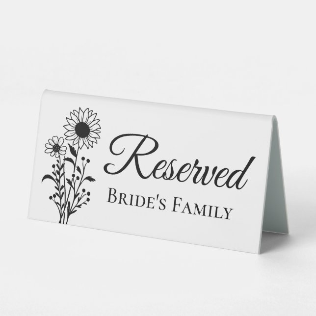 Sunflower Reserved Bride's Family Rustic Wedding Table Tent (Front)