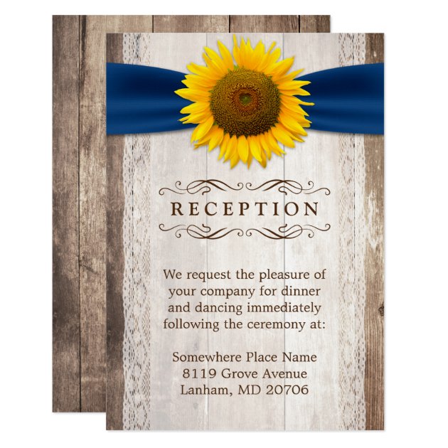 Sunflower Ribbon Rustic Wood Wedding Reception Card